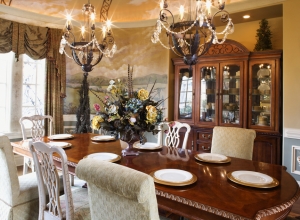 Dining Room with glass cabinet and glass doors