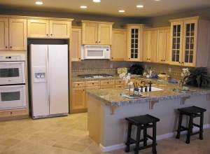 Kitchen with glass cabinets