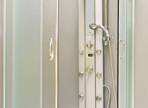 Metallic shower with glass shower enclosure