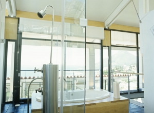 Modern bathroom with large window
